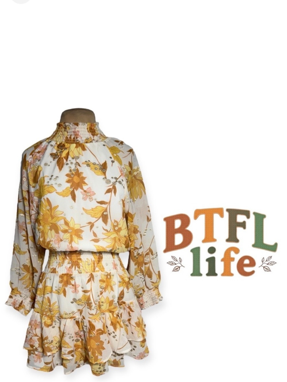 BTFL-life Retro Floral Ambrielle Floral Smocked Long Sleeve Mini Dress Large
